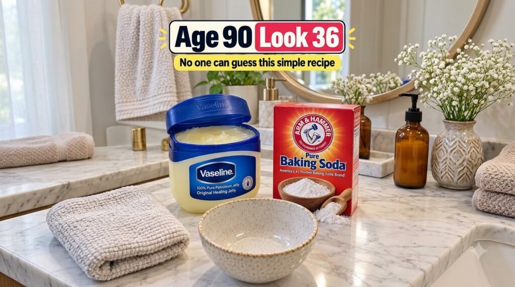 Various household ingredients like Vaseline and baking soda suggesting natural DIY beauty solutions on a clean bathroom