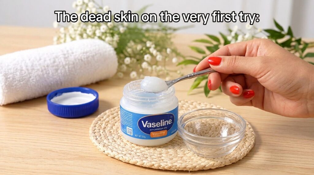 A hand with red nails scooping Vaseline petroleum jelly from a jar with a small spoon