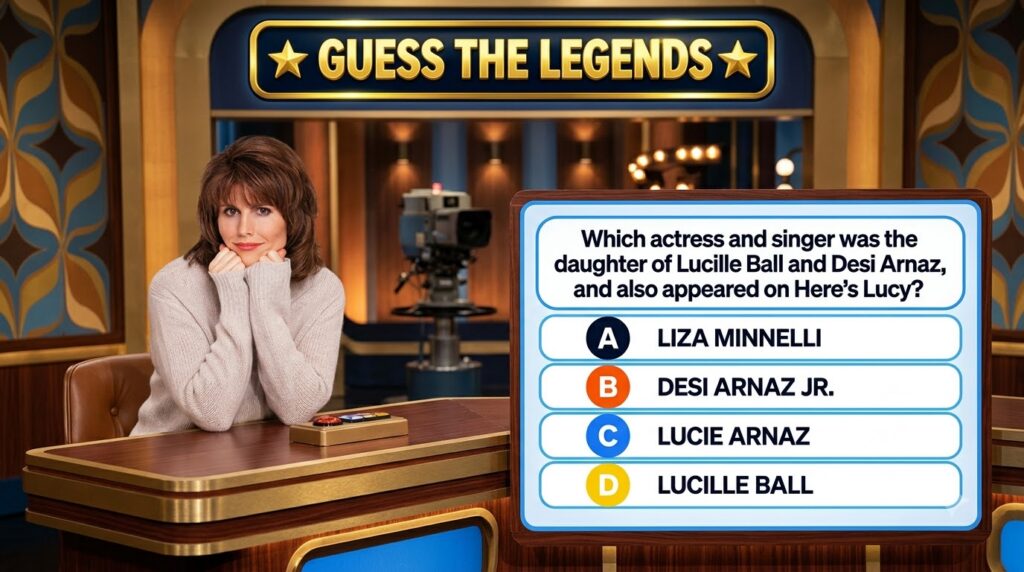 Quiz interface featuring a headshot of Lucie Arnaz She has brown layered hair and is wearing a light-colored chunky knit