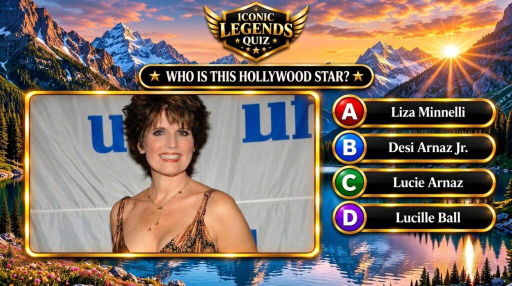 A classic Guess the Hollywood Star quiz layout featuring a portrait of Lucie Arnaz framed by a gold border against a ser