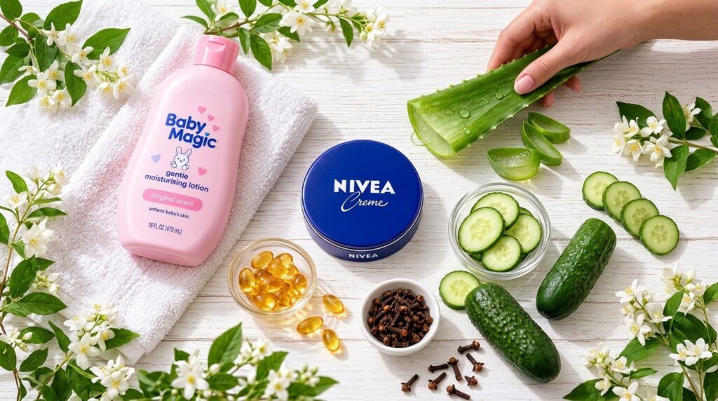 A variety of skincare products and natural ingredients on a white wooden surface Include a blue Nivea Creme tin an aloe 