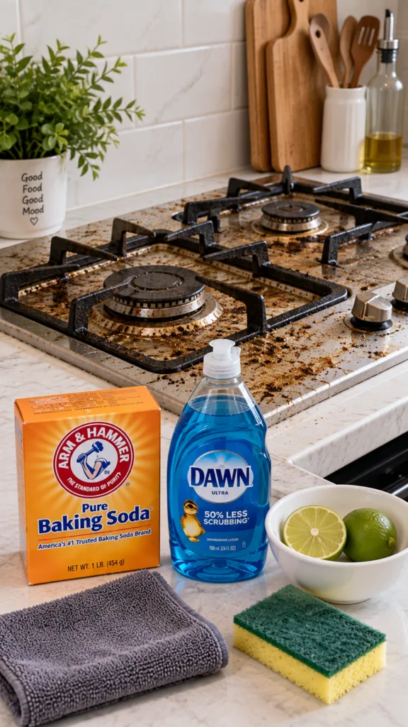 A very dirty gas stovetop heavily splattered with grease and food residue next to cleaning supplies baking soda dish soa