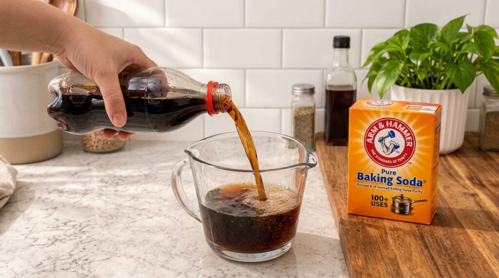 A close-up of a dark liquid being poured from a plastic bottle into a clear glass measuring cup creating bubbles In the 