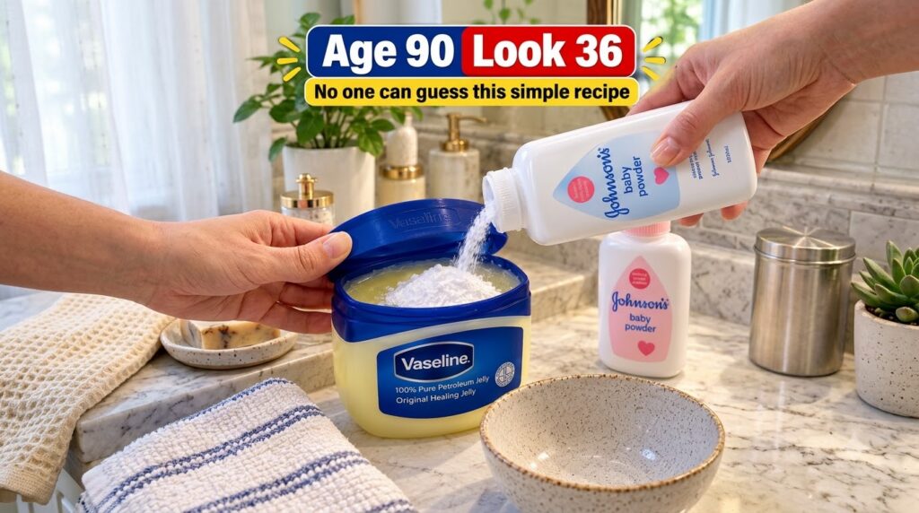 Hands pouring white baby powder from a bottle into a tub of Vaseline set on a marble countertop with a small ceramic bow