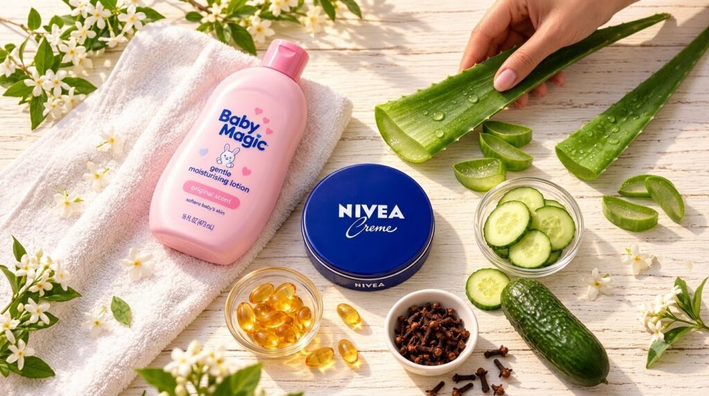 A flat lay composition showing a blue NIVEA Creme tin a hand holding a fresh aloe vera leaf with water droplets and a sm
