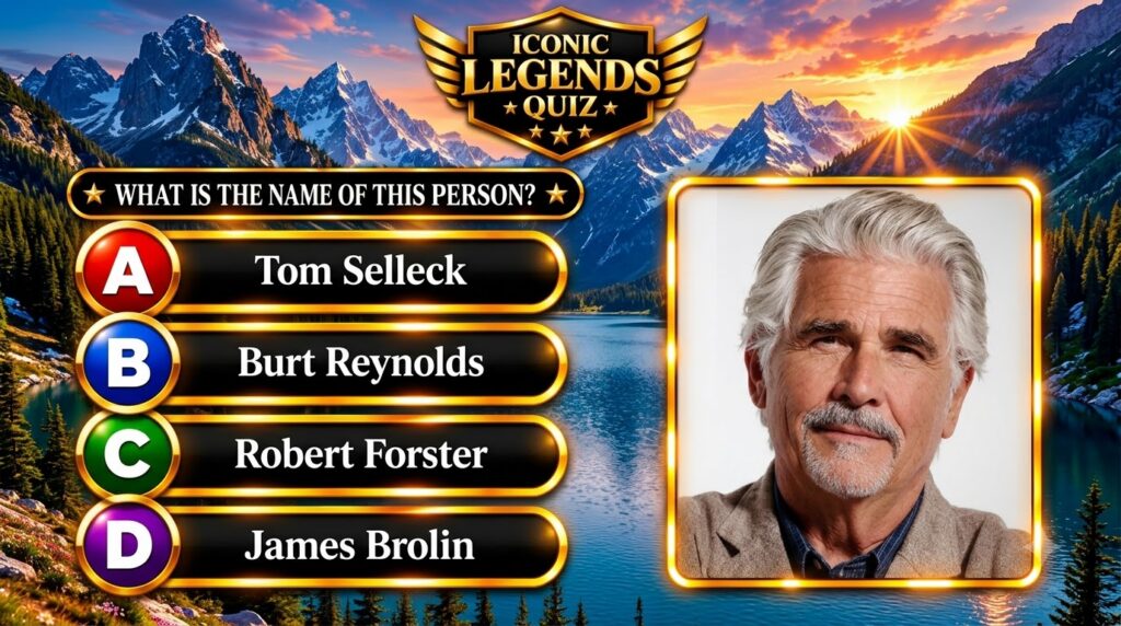 A quiz interface with a golden shield logo ICONIC LEGENDS QUIZ against a background of snow-capped mountains and a sunse