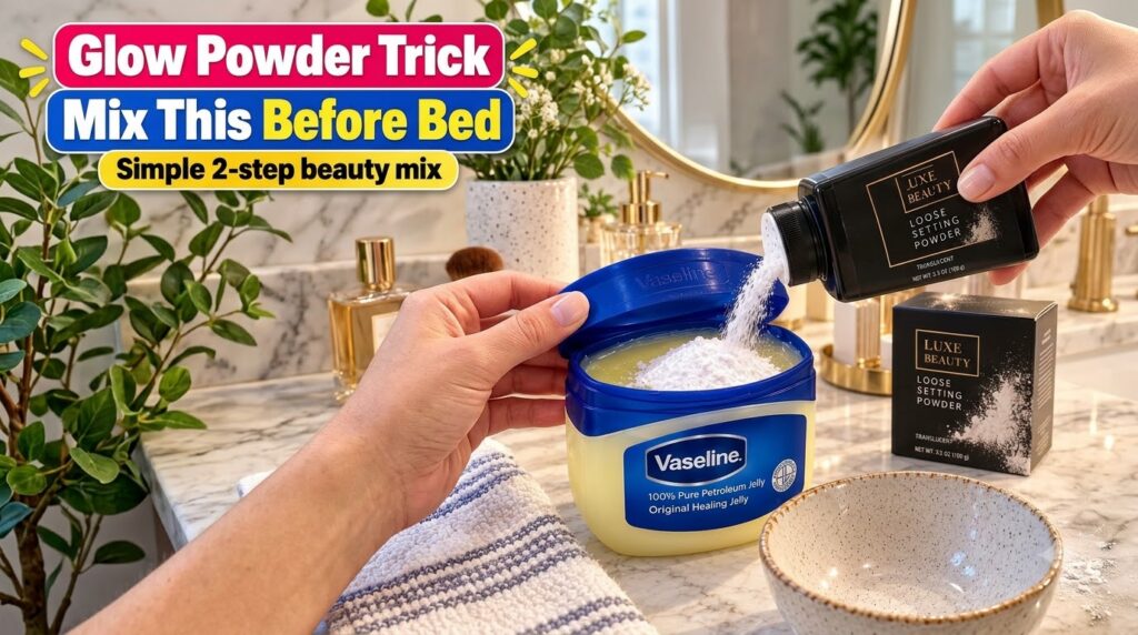A person s hands pouring white loose setting powder from a black bottle into a jar of Vaseline petroleum jelly on a marb