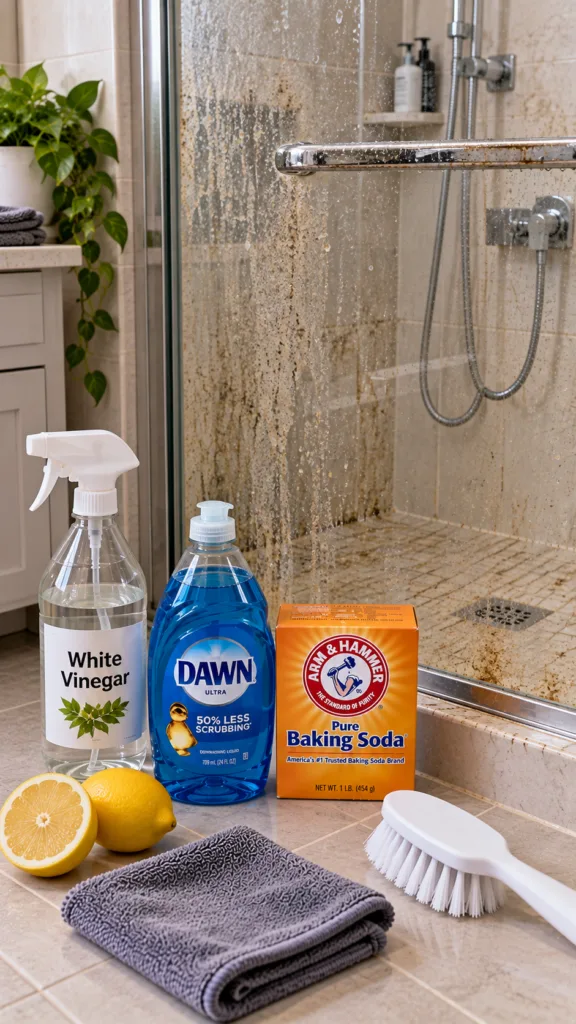 Before and after image of a shower door and tile being cleaned with natural ingredients like vinegar baking soda dish so