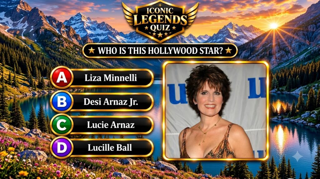 Lucie Arnaz smiling featured in a quiz game interface with a mountainous lake background