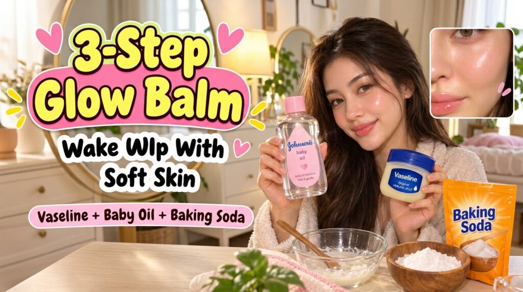 A young woman smiling and holding a bottle of Johnson s baby oil and a jar of Vaseline In the foreground there are bowls