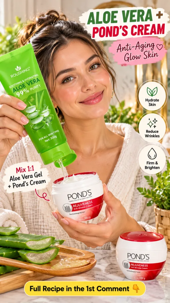 Ingredients a tube of Roushing 99 Purity Aloe Vera Gel and a jar of Pond s Rejuveness Anti-Wrinkle Cream next to fresh a