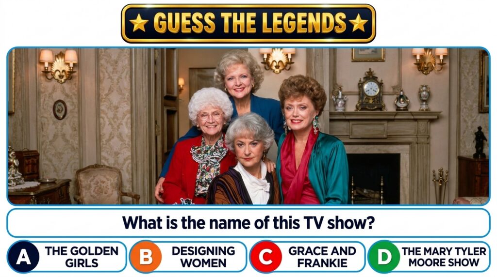 Four smiling elderly women the cast of The Golden Girls against a warm indoor background with decorative wall sconces A 