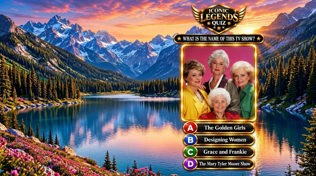 A vibrant quiz card with a golden frame featuring four iconic elderly women likely from The Golden Girls against a pink