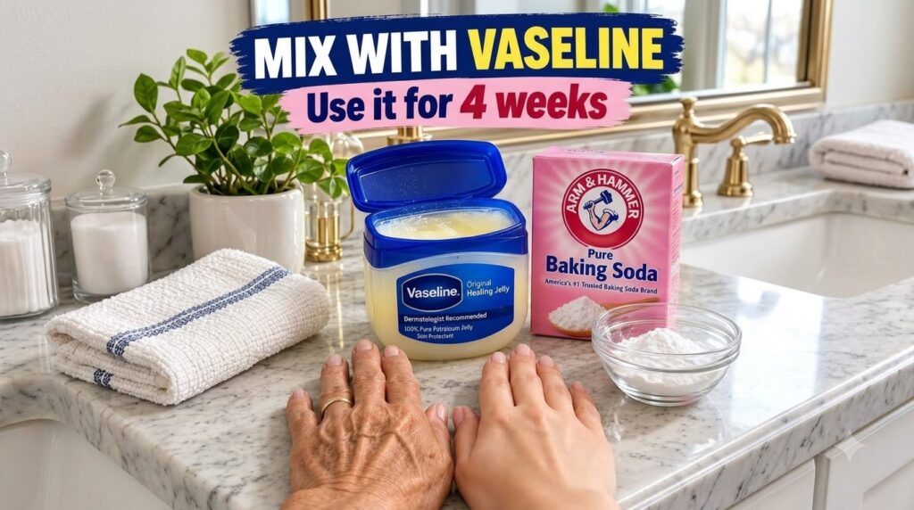 A visual comparison of an older textured hand and a youthful smooth hand on a marble surface with Vaseline baking soda a