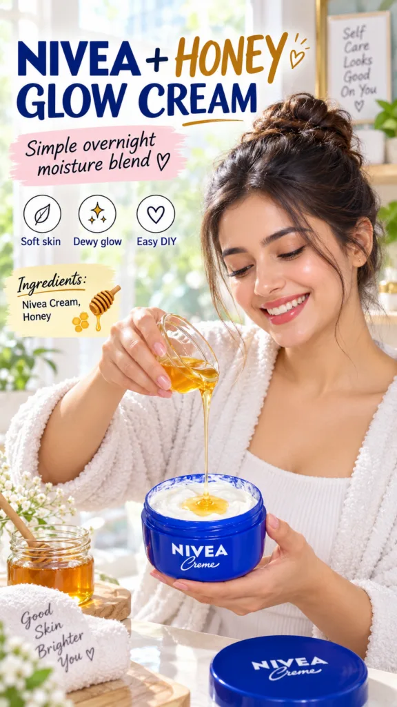 A smiling young woman in a white bathrobe pouring golden honey from a small glass bowl into an open blue tub of NIVEA Cr