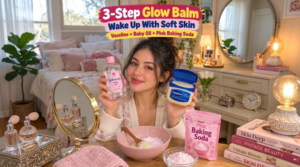 A smiling woman holding a bottle of Johnson s baby oil and a tub of Vaseline with a pink bowl containing a mixture a woo