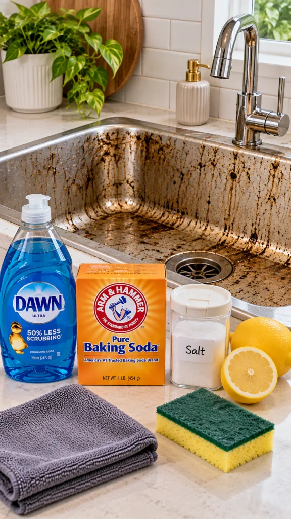 A dirty stainless steel kitchen sink with various cleaning supplies like baking soda dish soap lemons salt a sponge and 