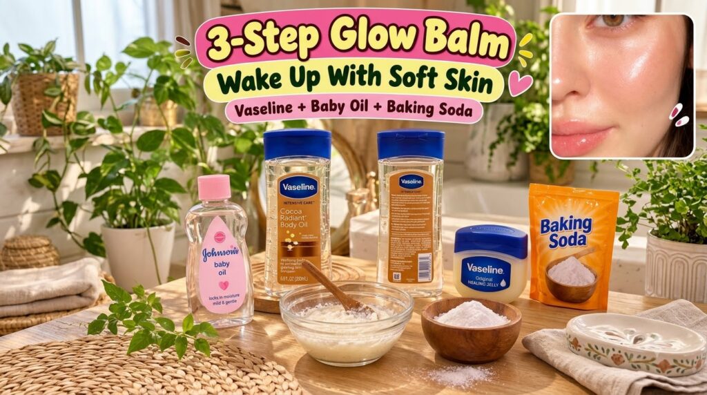A flat lay of skincare ingredients on a wooden surface including Vaseline body oil Johnson s baby oil Vaseline original