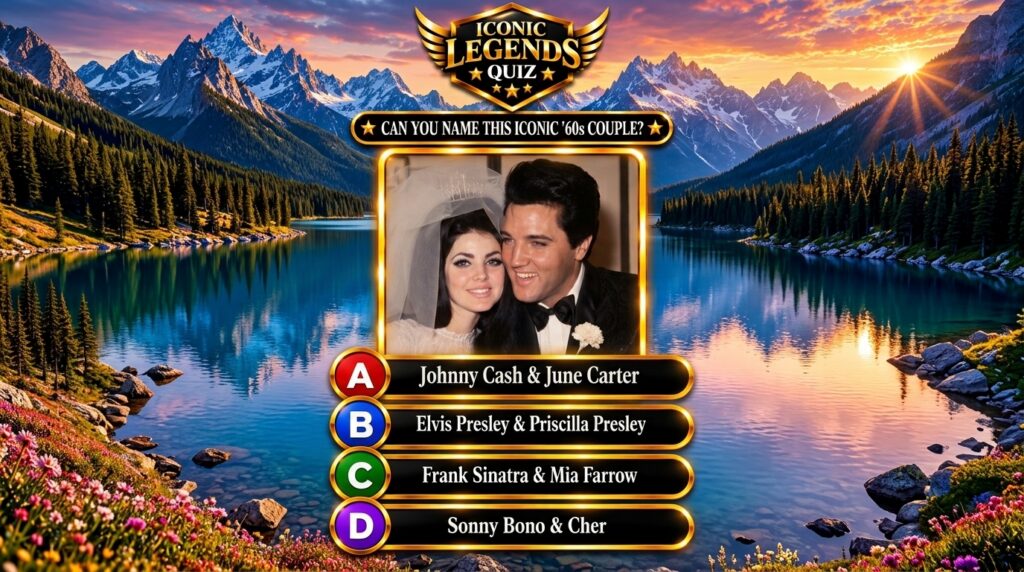 A retro quiz image featuring a framed photograph of Elvis and Priscilla Presley during their wedding set against a busy