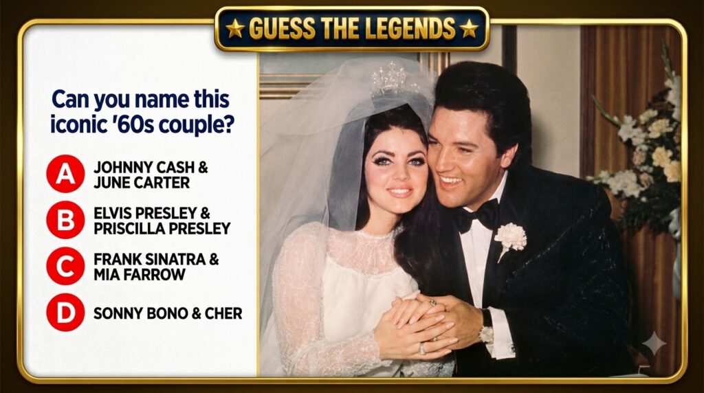 Classic wedding photograph of Elvis and Priscilla Presley both smiling warmly holding hands Priscilla wears a white lace