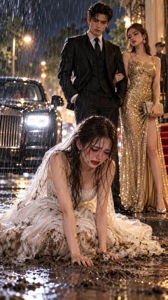 A heartbroken woman in a muddy wedding dress kneels in heavy rain at night crying Behind her a solemn man in a suit stan