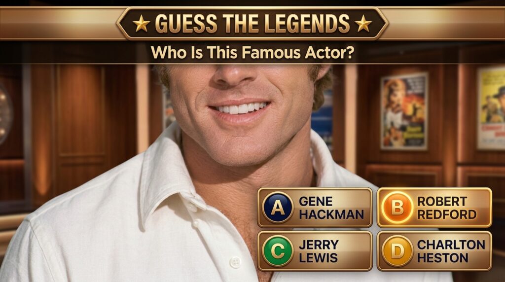 Quiz card with a close-up of Robert Redford s face a question Who Is This Famous Actor and multiple-choice options