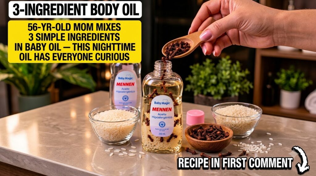 A hand pouring dried cloves from a wooden spoon into a bottle of baby oil with rice grains
