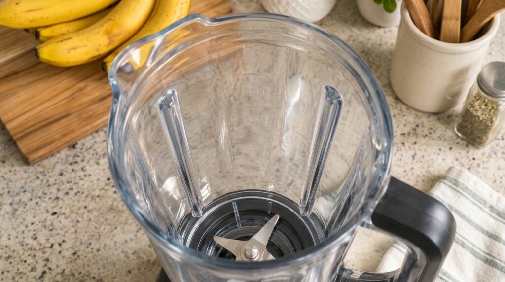 An empty blender jug on a kitchen counter clean and ready for use