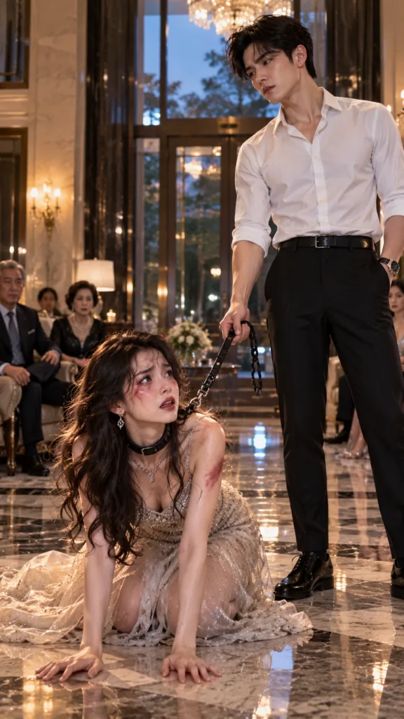 A distressed woman in a formal dress is on her hands and knees on a marble floor She has blood on her face and arm A ste