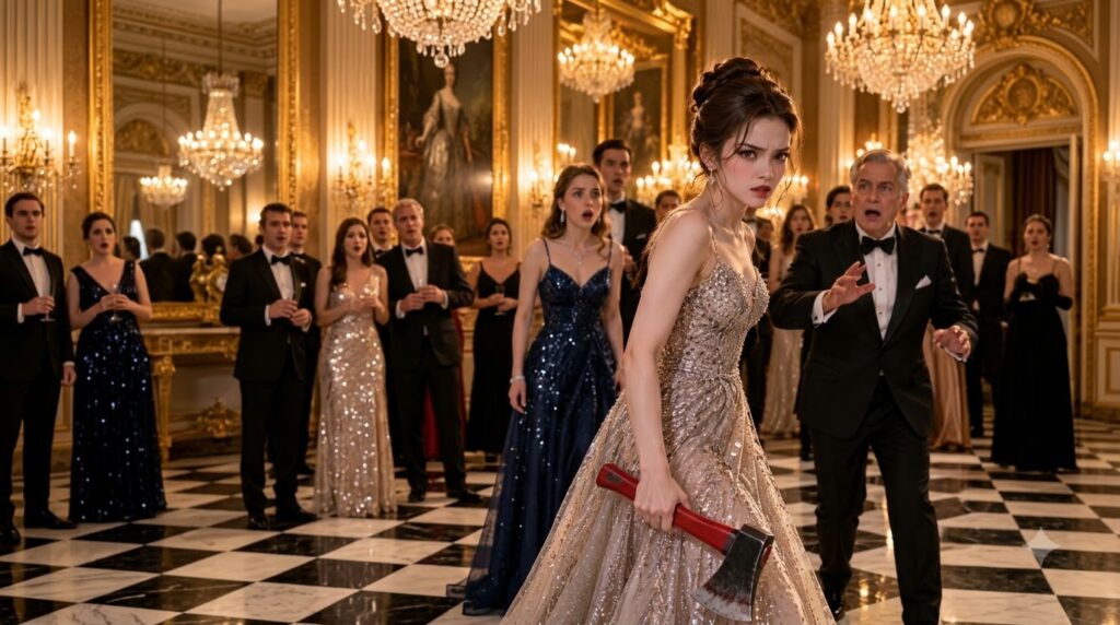 A young woman in a sequined gown holding a blood-stained axe her expression a mix of defiance and anger surrounded by sh