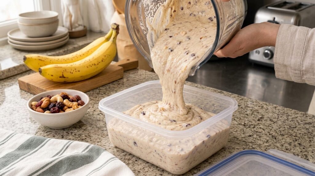 A thick textured smoothie or batter being poured from a glass blender jar into a clear plastic storage container with vi
