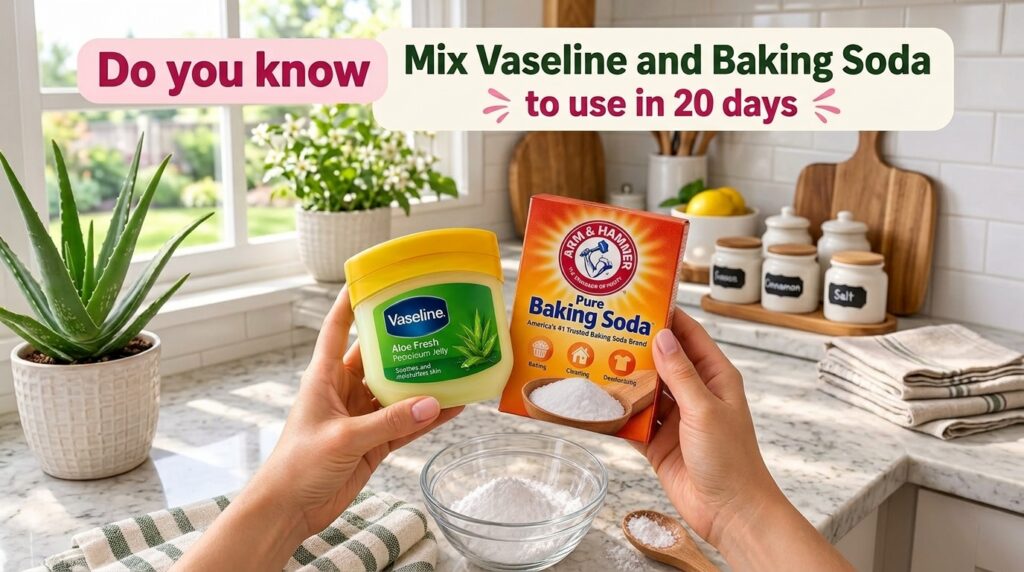 Hands holding a jar of Vaseline Aloe Fresh Petroleum Jelly and a box of Arm Hammer Pure Baking Soda positioned over a gl