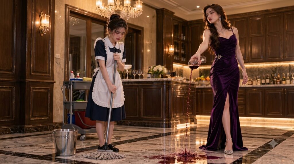 A distressed maid in uniform watches a glamorous woman in a purple gown deliberately pour red wine onto a polished marbl