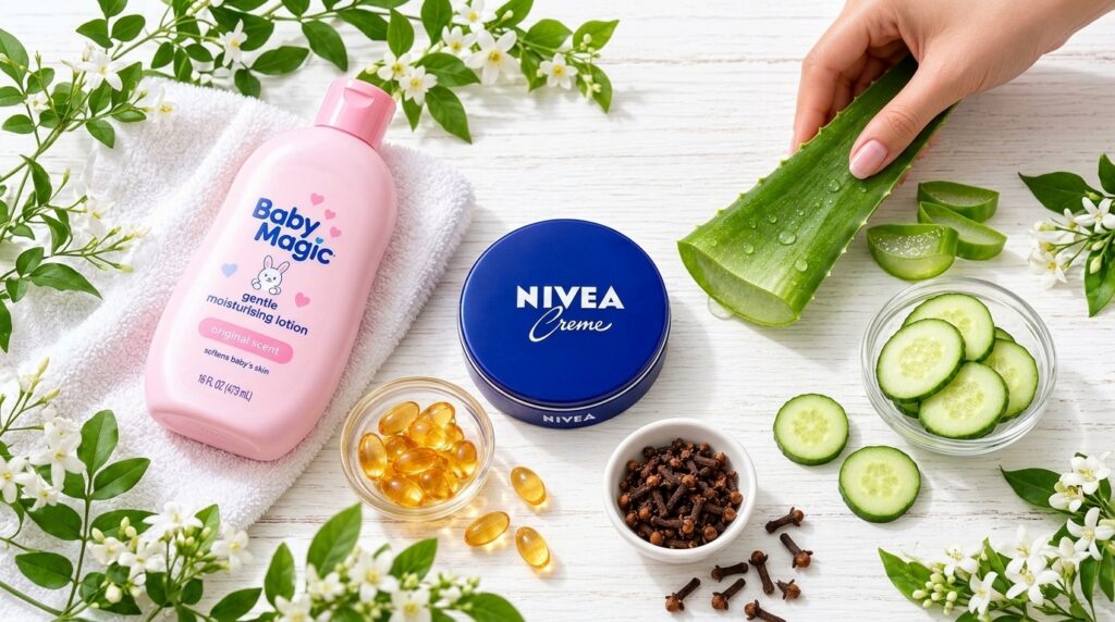 A flat lay of NIVEA Creme fresh aloe vera leaf sliced aloe vera and cucumber vitamin E capsules and cloves surrounded by