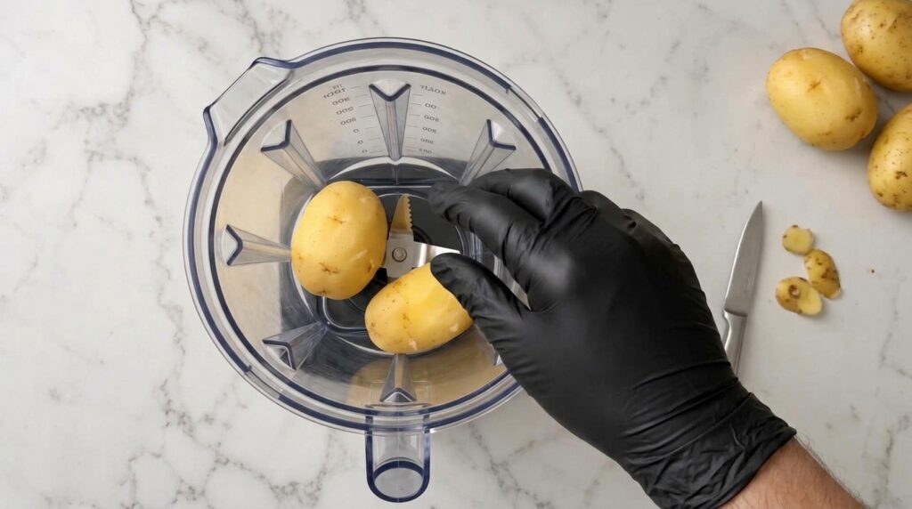 Two raw potatoes in a transparent blender jar on a white marble countertop with a gloved hand near the blade