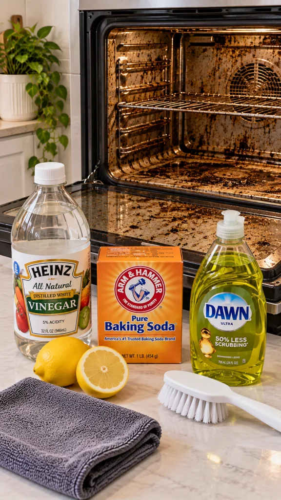 A heavily soiled oven interior contrasting with natural cleaning supplies on a clean countertop a bottle of white vinega