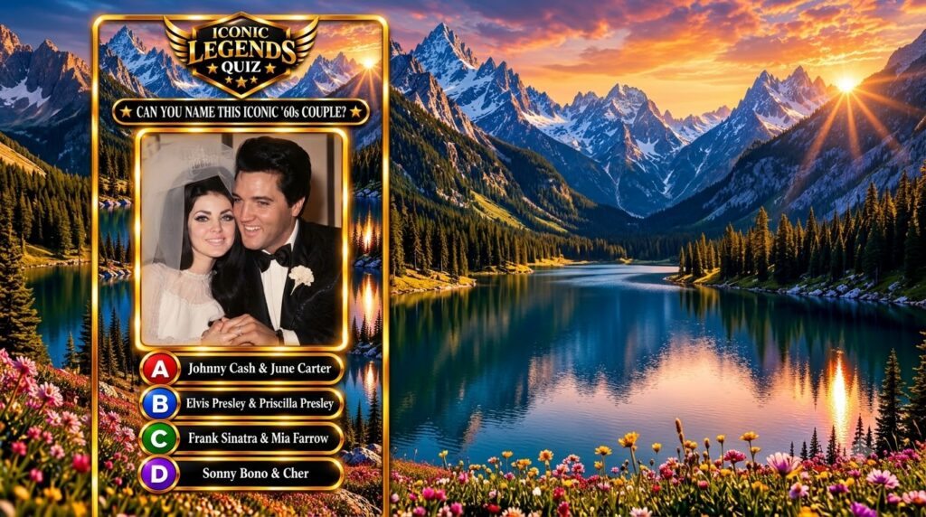 Elvis and Priscilla Presley on their wedding day smiling and holding hands framed in gold Background is a vibrant styliz