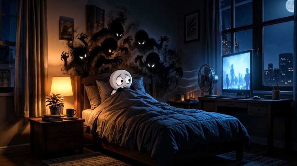 A stick-figure character lying in bed visibly terrified and clutching a blanket Several amorphous smoky shadow figures w