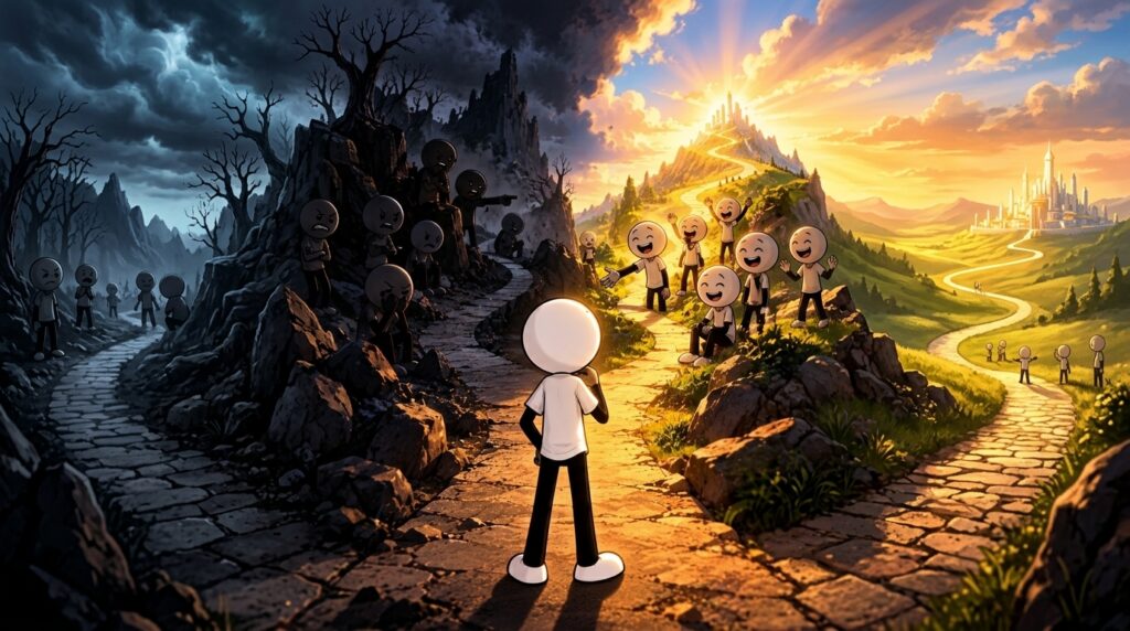 A stick-figure character from behind contemplating a fork in a path One path is dark and rocky with gloomy stick figures