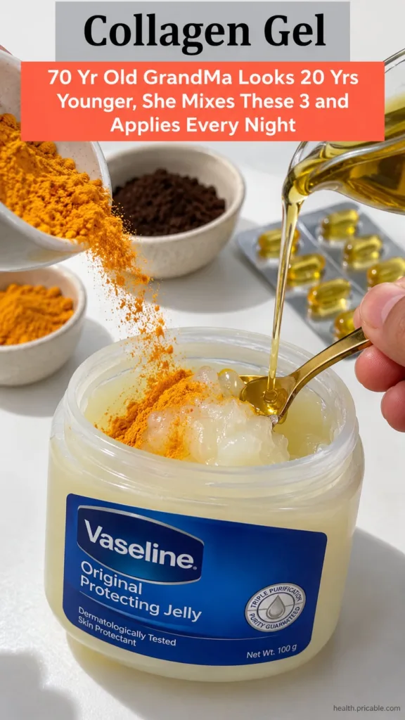 A close-up shot of hands mixing Vaseline turmeric powder and oil from a capsule in a small clear jar on a white surface