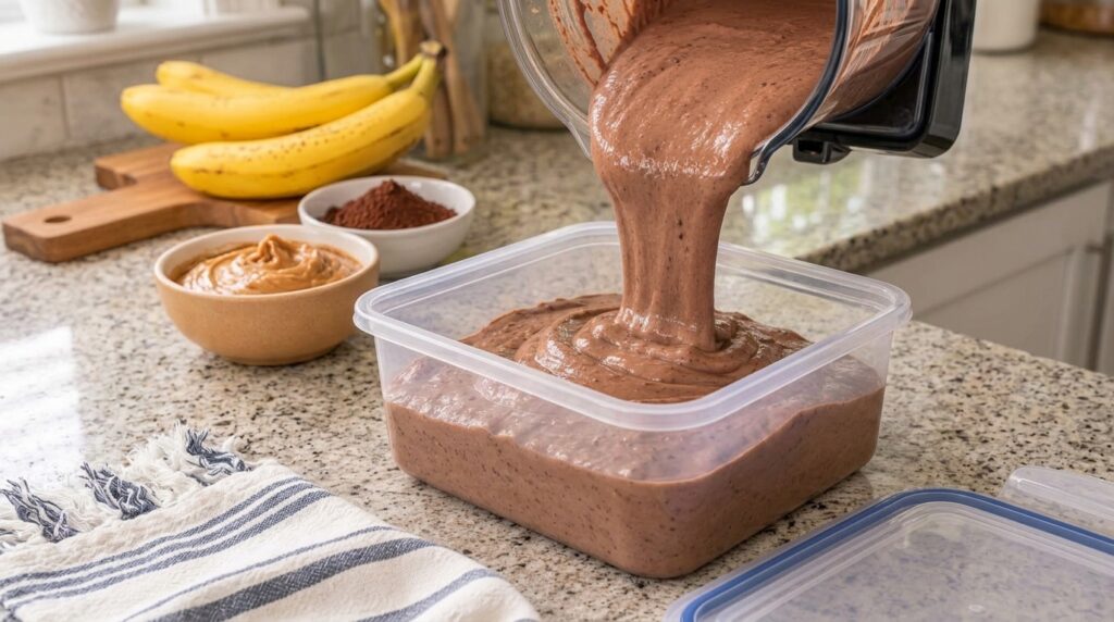 A thick brown chocolate banana smoothie being poured from a blender into a clear plastic storage container with ripe ban