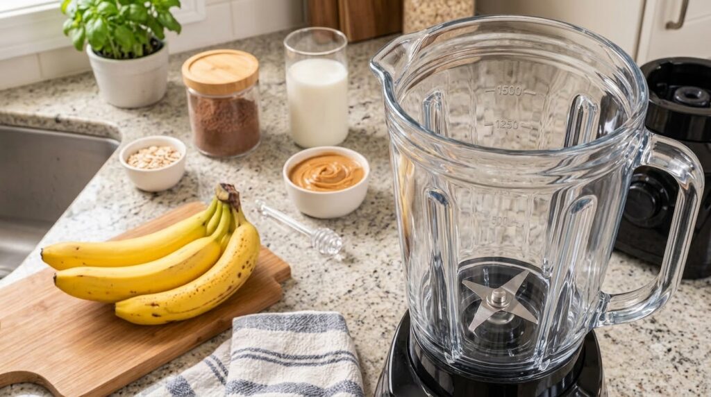 An empty glass blender jug on a speckled countertop with bananas cocoa powder milk and peanut butter in the soft-focus b
