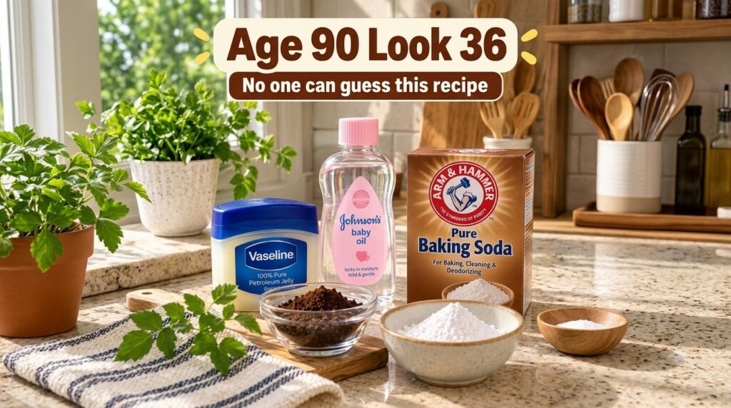 An assortment of natural beauty ingredients on a kitchen counter including a jar of Vaseline a bottle of baby oil a bowl