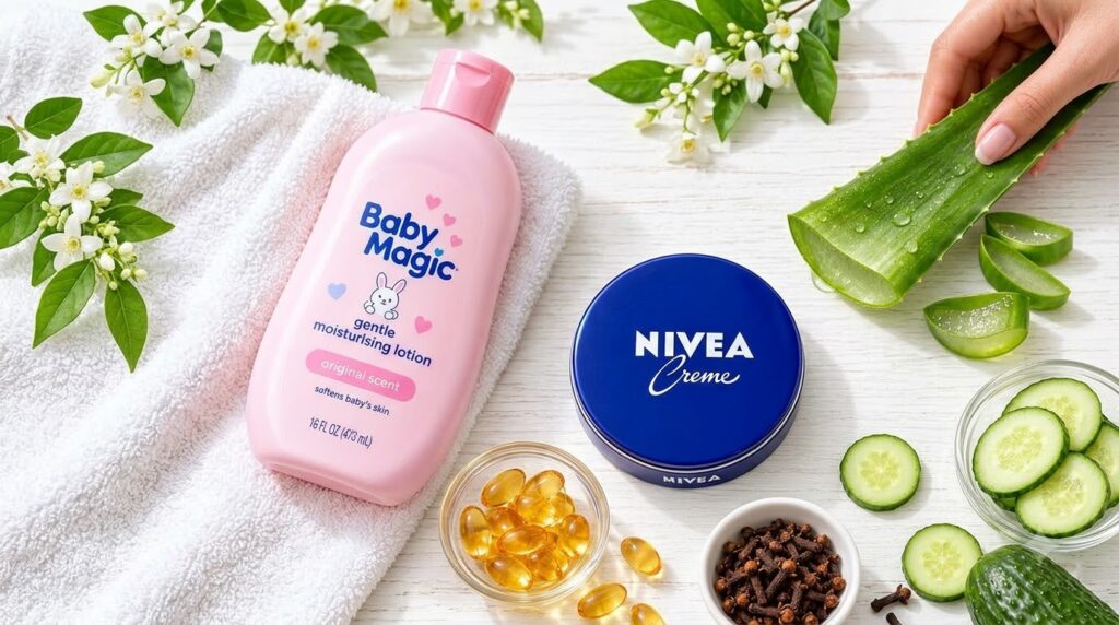 A flat lay of Nivea Creme Baby Magic lotion aloe vera leaf sliced cucumber vitamin E capsules cloves and jasmine flowers