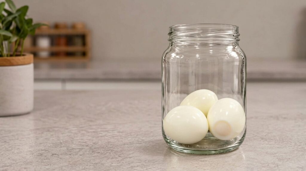 Three peeled hard-boiled eggs are neatly arranged inside a clear glass jar sitting on a light gray countertop The backgr
