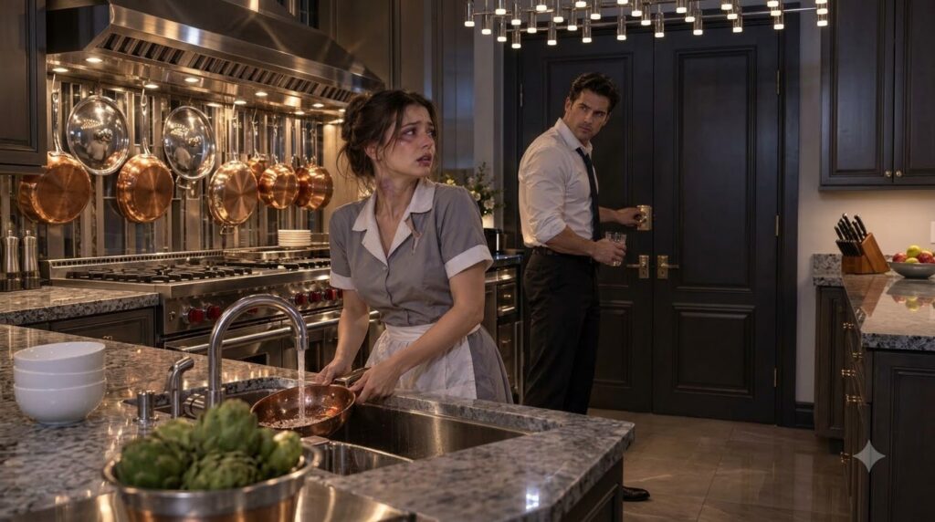 A distressed woman in a torn maid s uniform with bruises on her face and neck washing a pan in a kitchen sink while a ma