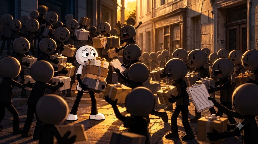 A stick-figure-like character looking overwhelmed while struggling to hold a tall stack of gift boxes surrounded by a cr