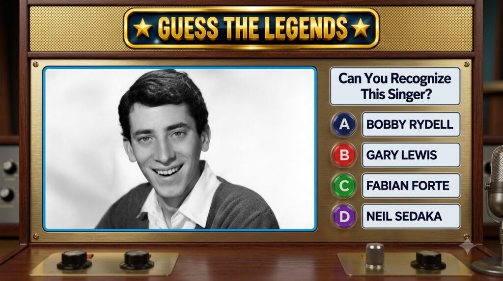 A black and white portrait of a smiling young male singer part of a Guess the Legends quiz interface