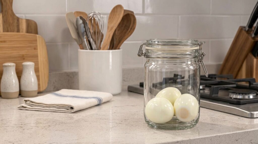 A clear glass jar filled with several plant-based egg bites e g made from tofu or chickpea flour resembling hard-boiled 