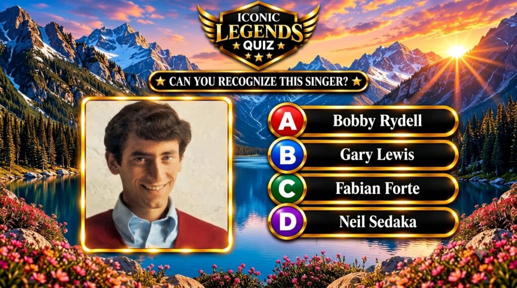 A game screen titled Iconic Legends Quiz featuring a central framed portrait of a smiling young Gary Lewis The backgroun